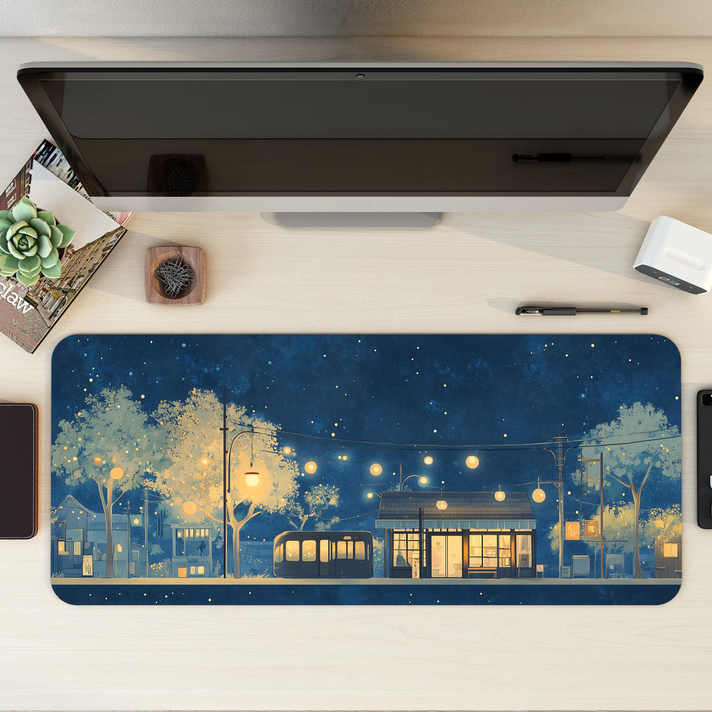 Japanese Dreamy Night Desk Mat | Peaceful Village Light Mouse Pad |