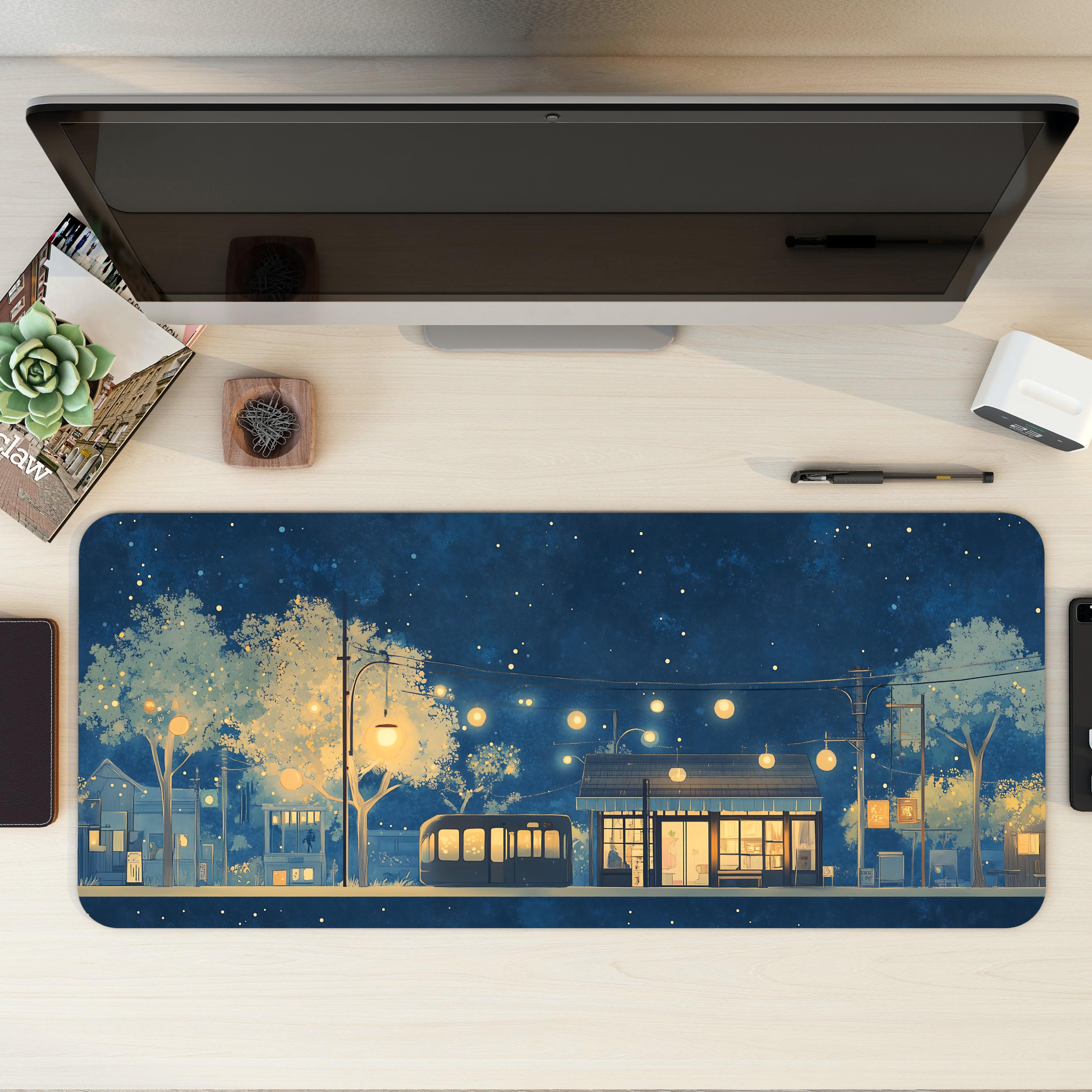 Japanese Dreamy Night Desk Mat | Peaceful Village Light Mouse Pad |