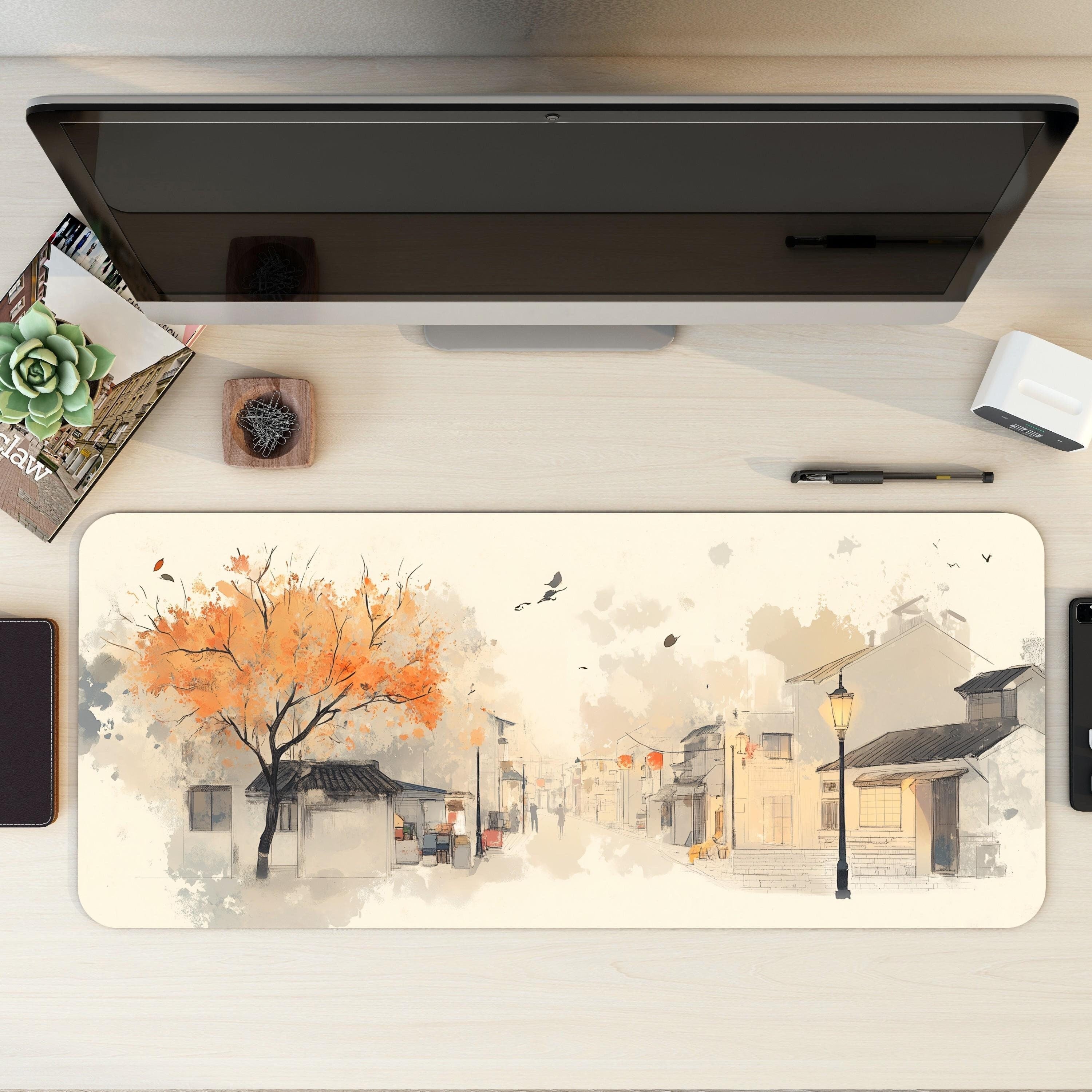 Vintage Street Desk Mat | Cozy Autumn Watercolor Art | Chinese Ink and Sketch-Style Mouse Pad