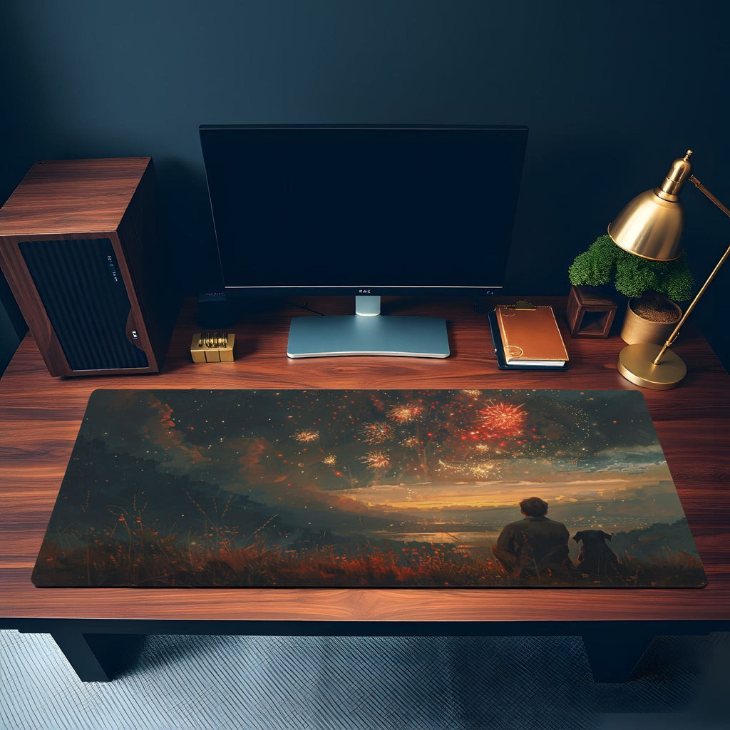 Scenic Sunset Desk Mat | Nostalgic Mountain | Cinematic Painting Desk Decor, Fireworks |