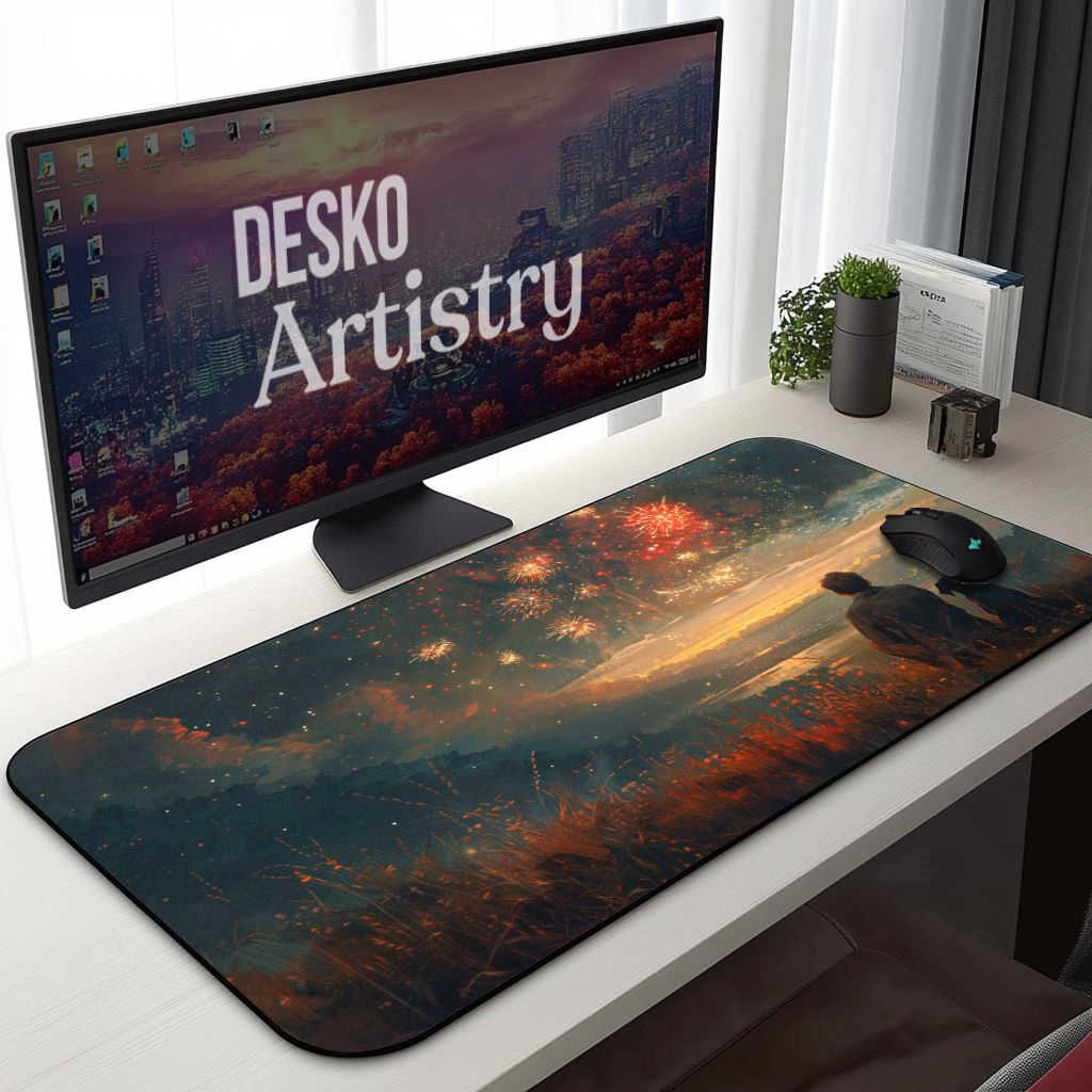 Scenic Sunset Desk Mat | Nostalgic Mountain | Cinematic Painting Desk Decor, Fireworks |