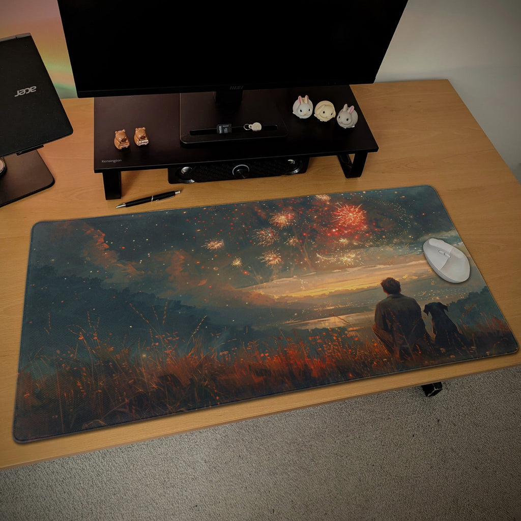 Scenic Sunset Desk Mat | Nostalgic Mountain | Cinematic Painting Desk Decor, Fireworks |