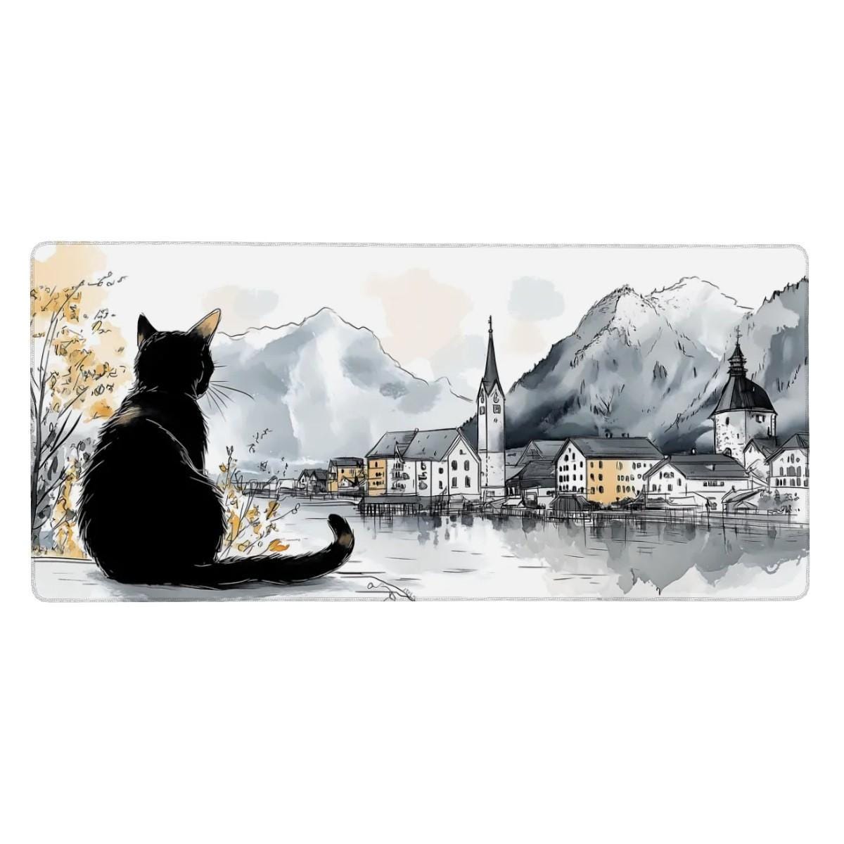 Hallstatt Ink Sketch Style Desk Mat | Tranquil European Landscape | Nostalgic Small Town Black Cat