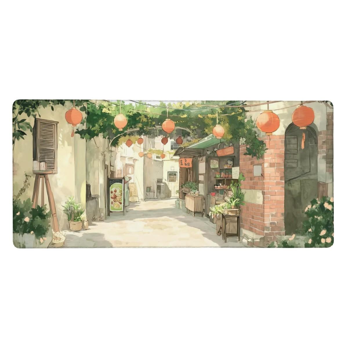 Nostalgic Vintage Asian Street Desk Mat | East Asian Inspired Decor, Street Laneway Sketchbook Mouse Pad