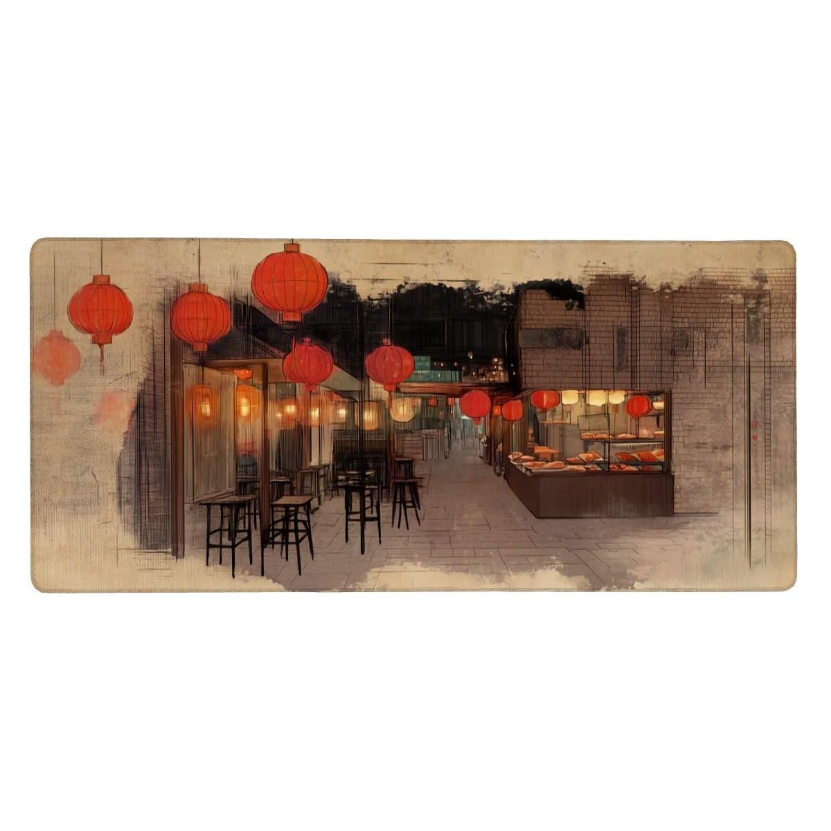 Traditional Asian Market Desk Mat | Line Art Sketchbook Mouse Pad | Cultural and Nostalgic Vibe, Vintage Watercolor palette