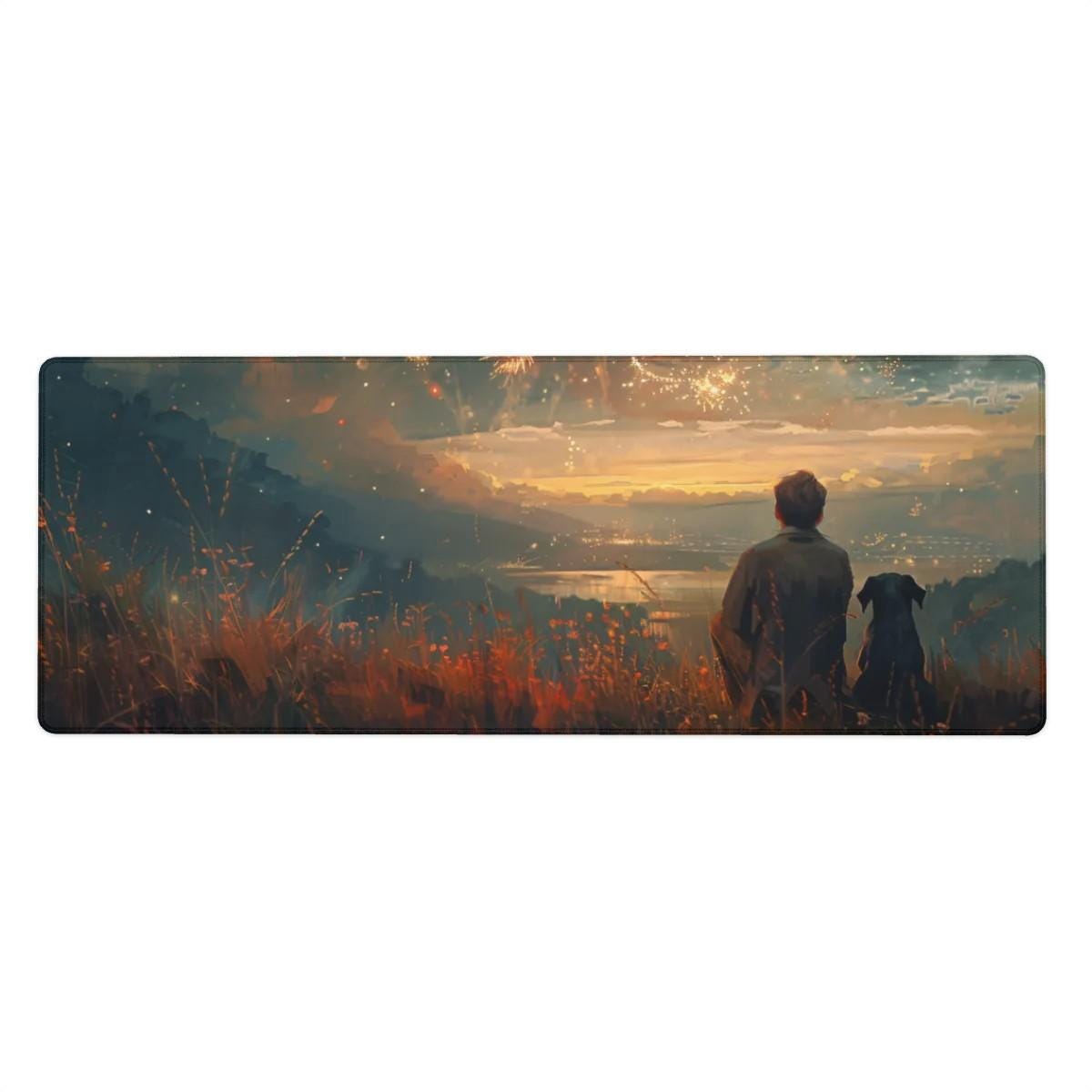 Scenic Sunset Desk Mat | Nostalgic Mountain | Cinematic Painting Desk Decor, Fireworks |