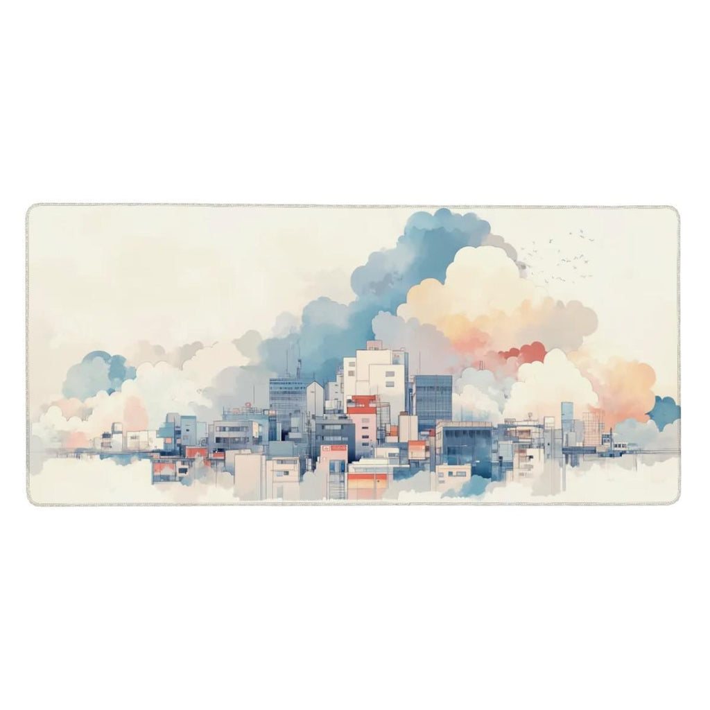 Cloudy Cityscape Desk Mat | Floating City Pastel Art | Minimalist Desk Decor