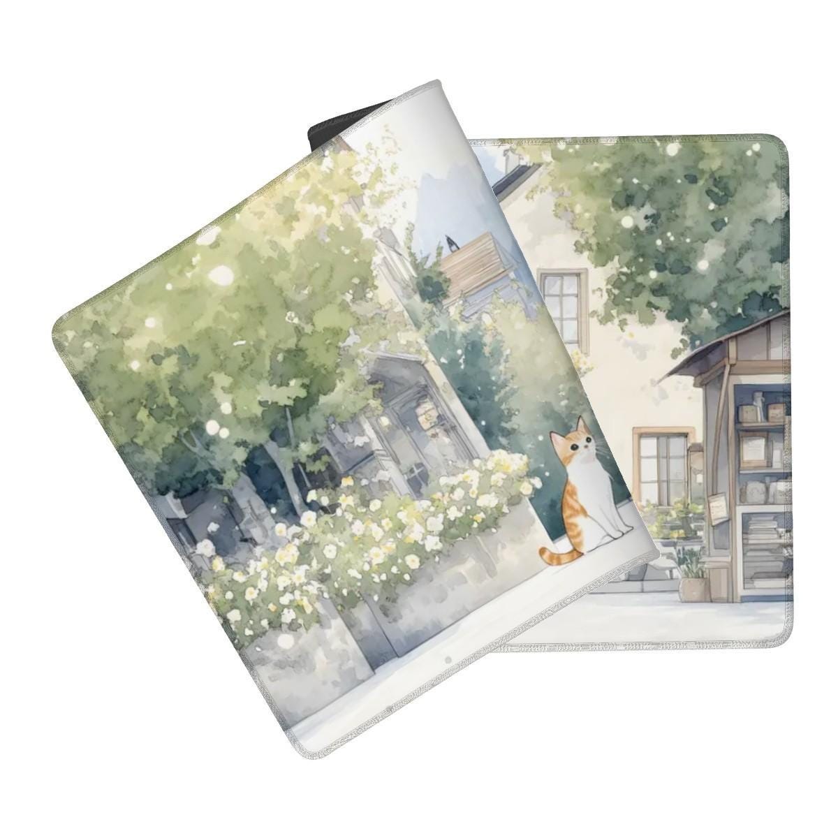 Watercolor Style European Desk Mat | Hallstatt Inspired Art with Calico Cat | Village Street Design Mouse Pad