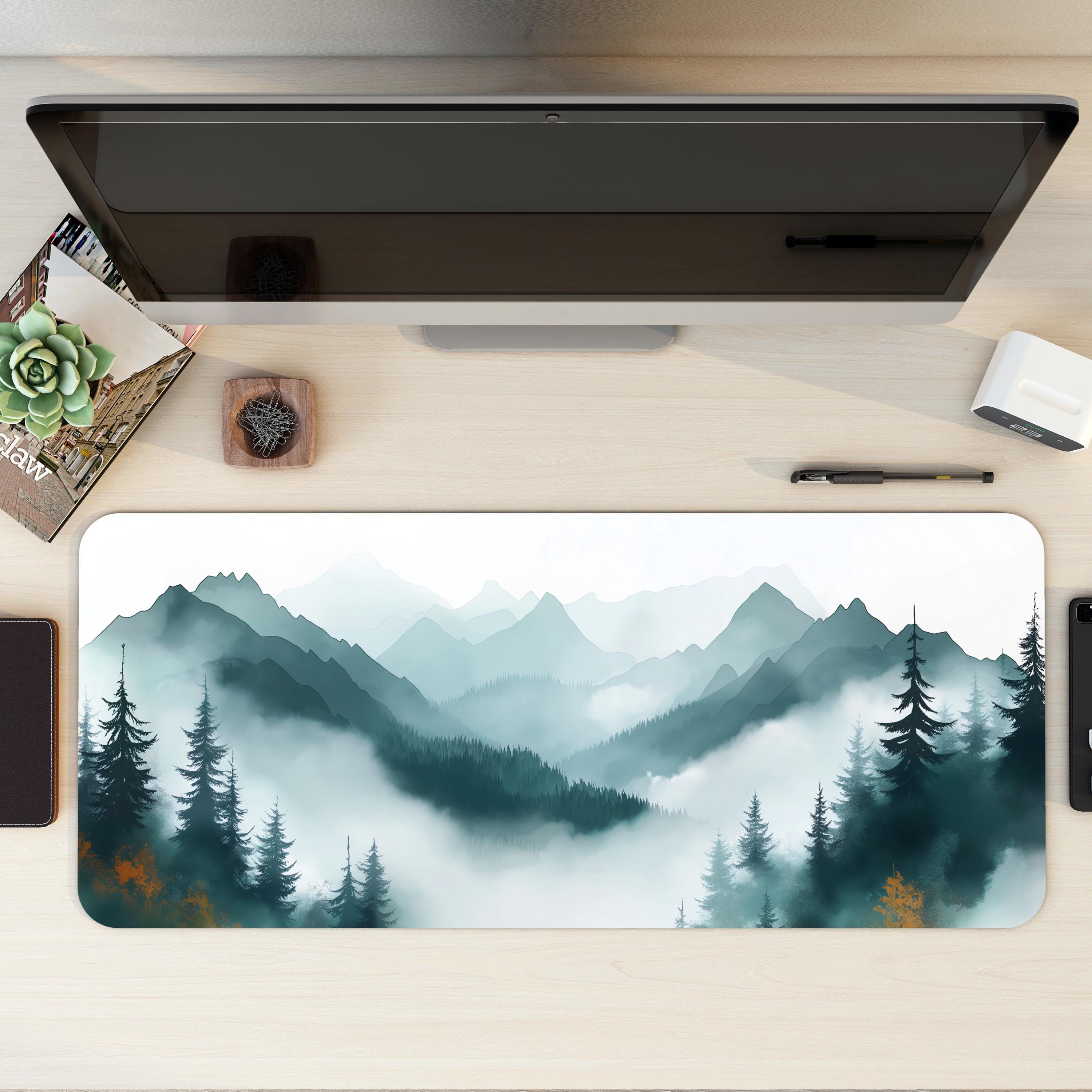 Misty Forest Desk Mat | Watercolor Style Green Teal Mountain | Nordic Scenic Nature Mouse Pad