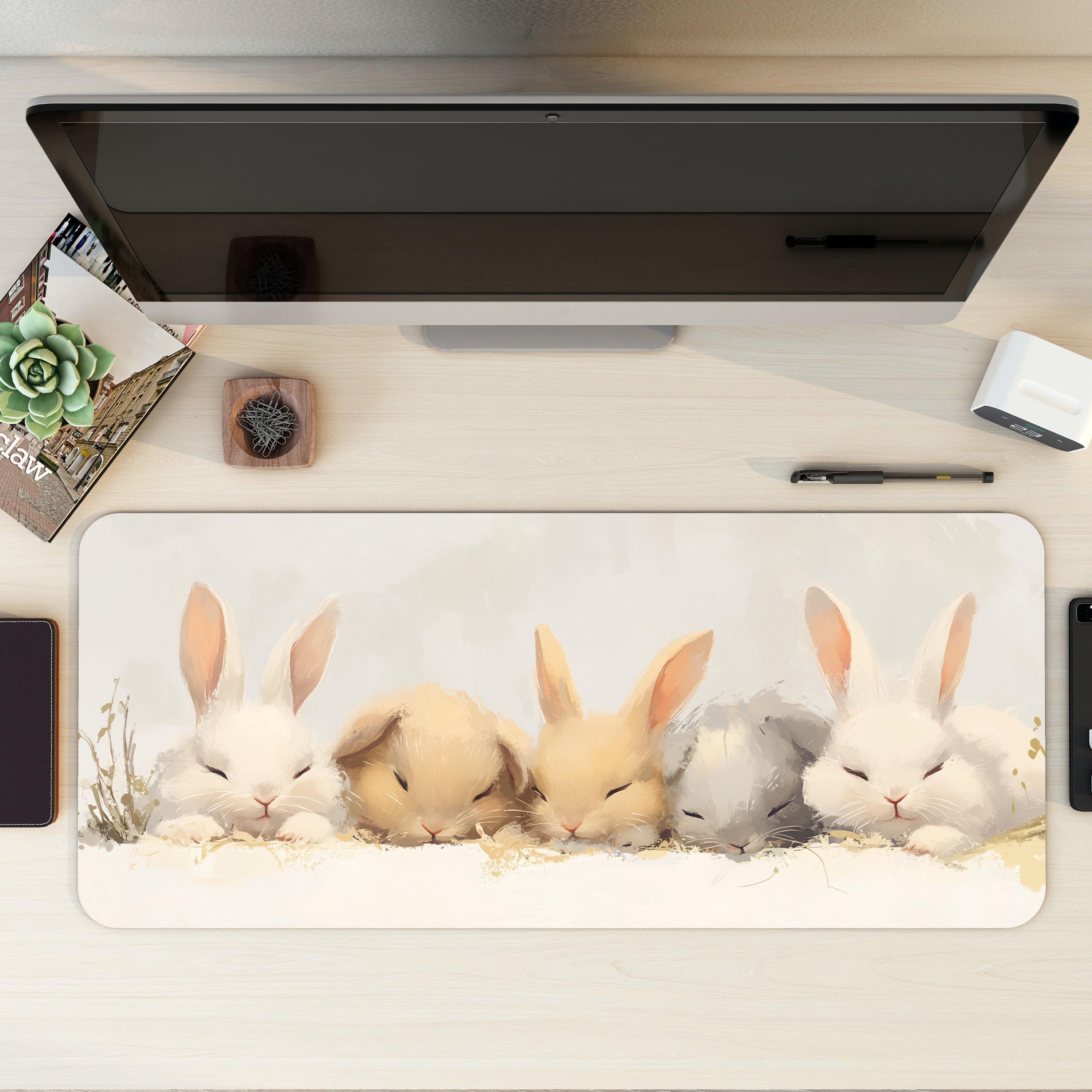 Cozy Bunny Desk Mat – Large Mouse Pad with Sleeping Rabbits, Cute Pastel Aesthetic for Kawaii, Anime & Cottagecore Decor