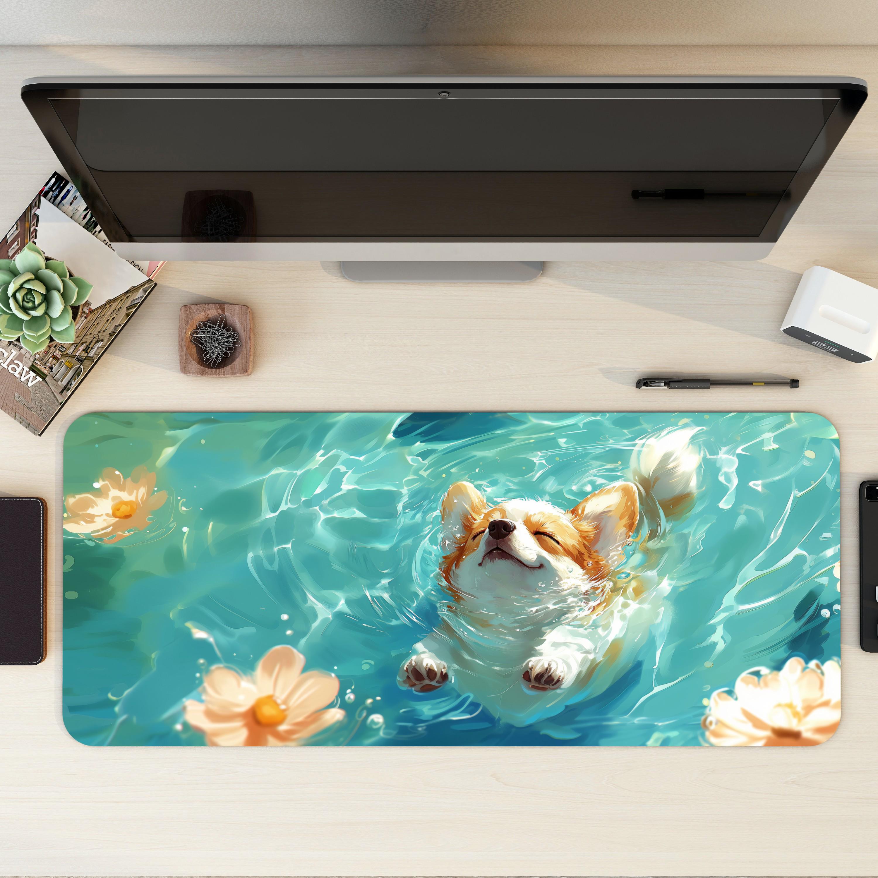 Happy Corgi Dog Desk Mat | Cute Aesthetic Mouse Pad, Watercolor Painting Style Desk Mat | Kawaii Dog Lover Desk Decor, Teal Color Mouse Pad