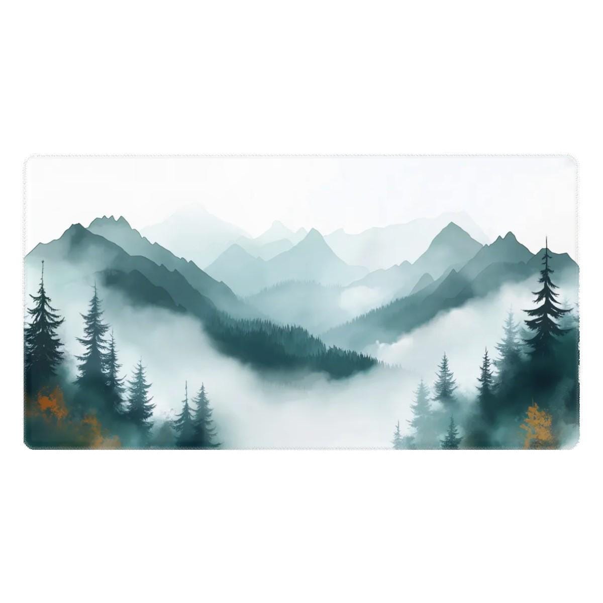 Misty Forest Desk Mat | Watercolor Style Green Teal Mountain | Nordic Scenic Nature Mouse Pad