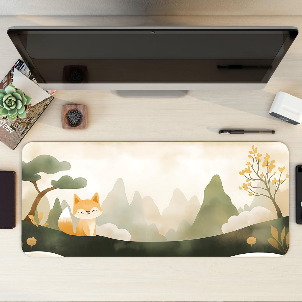 Fox in the Mist Desk Mat | Retro Scrapbook Minimalist Mouse Pad