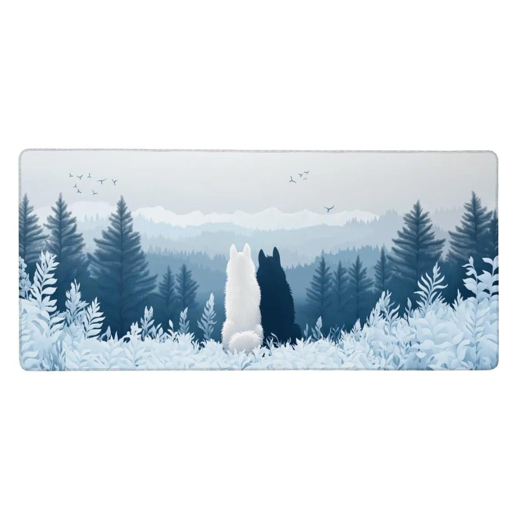 Mystical Forest Wolf Desk Mat | Blue and White Snow Mountain | Minimalist Nature Mouse Pad