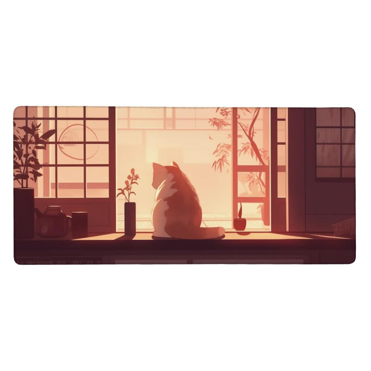 Zen Cat Sunset Desk Mat | Large Minimalist Mouse Pad for Peaceful Workspace | Japanese-Inspired Office Decor