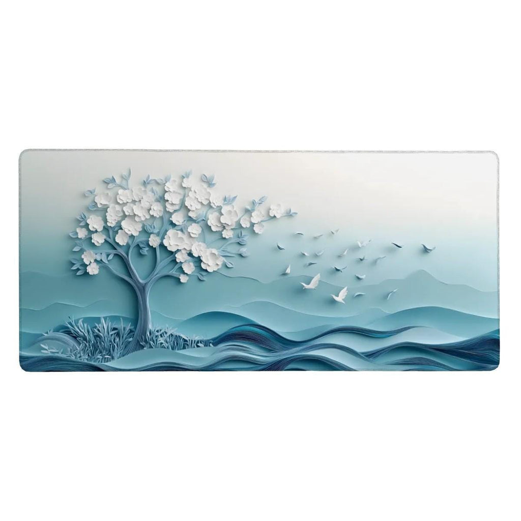 Serene White Cherry Blossom, Dove Desk Mat | Embossed Paper Art Mouse Pad