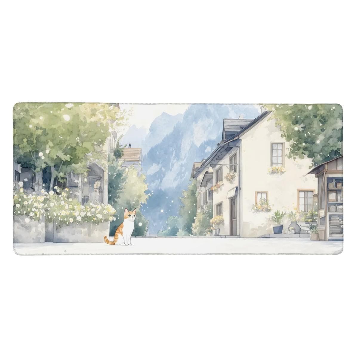Watercolor Style European Desk Mat | Hallstatt Inspired Art with Calico Cat | Village Street Design Mouse Pad