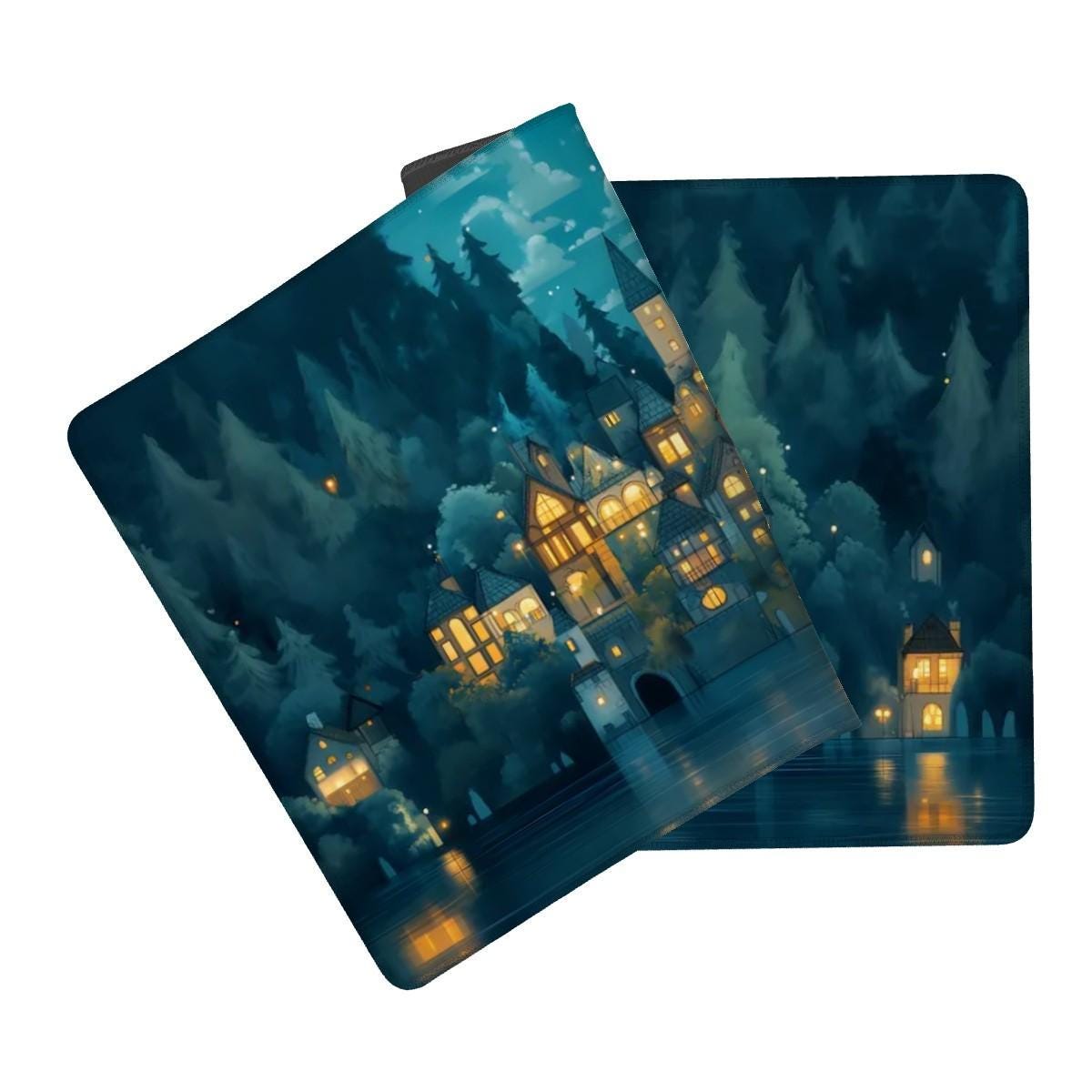 Enchanted Forest Village Desk Mat | Cozy Medieval Night | Blue Fantasy Moonlight Mouse Pad