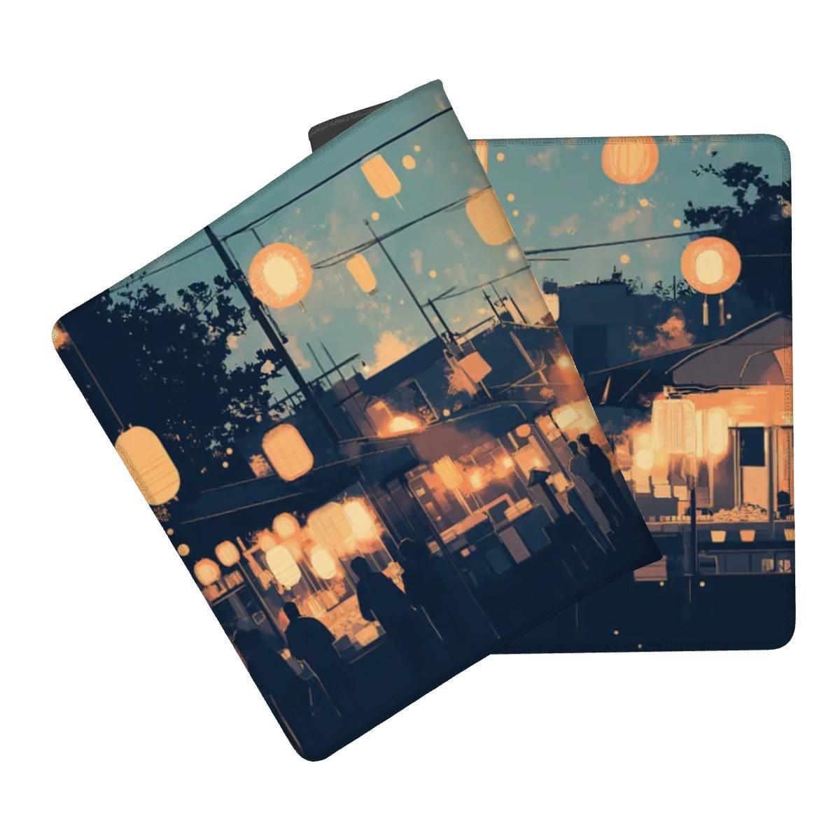 Japanese Festival Desk Mat | Full Moon & Lanterns | Cozy Blue and Gold Mouse Pad