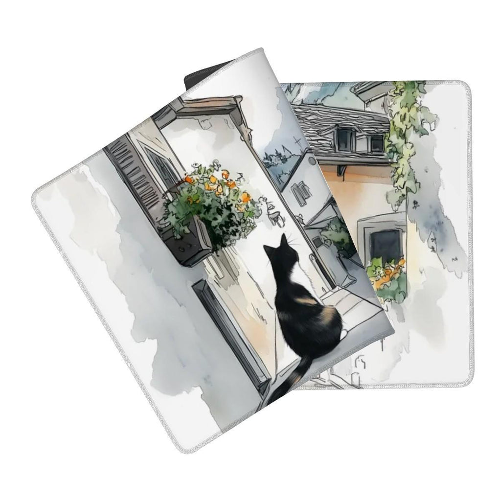 Sketchbook Hallstatt Cat Desk Mat | European Street Mouse Pad | Ink & Watercolor Art for Cat Lovers |