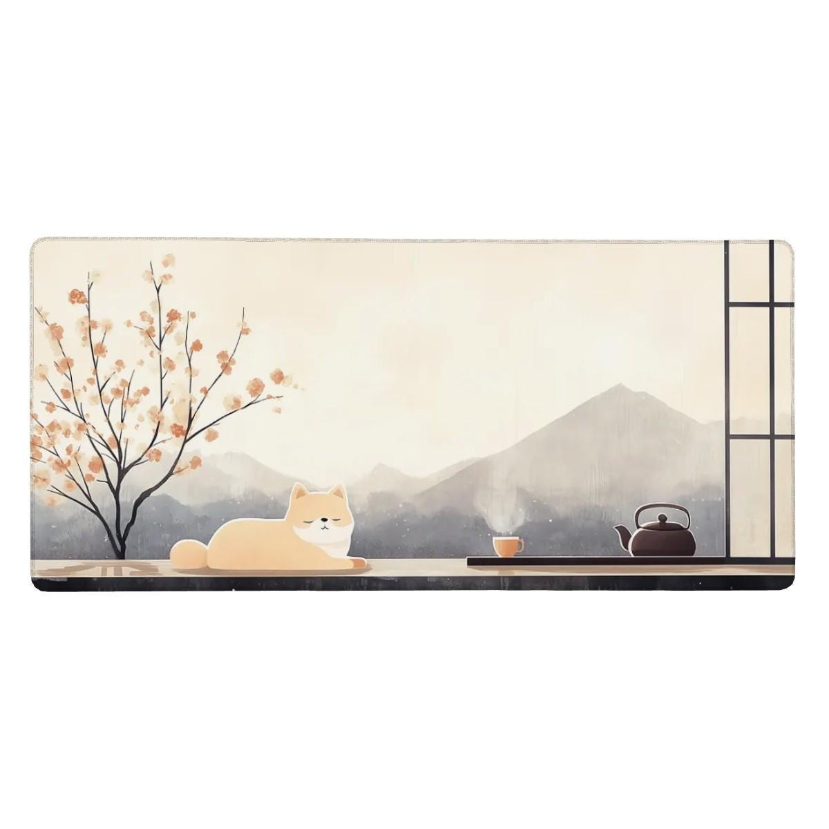 Japanese Zen Shiba Inu Desk Mat | Minimalist Ukiyo-e Mouse Pad | Calm Desk Decor for Dog Lovers, Blossom Tree, Mountain Chill Vibe
