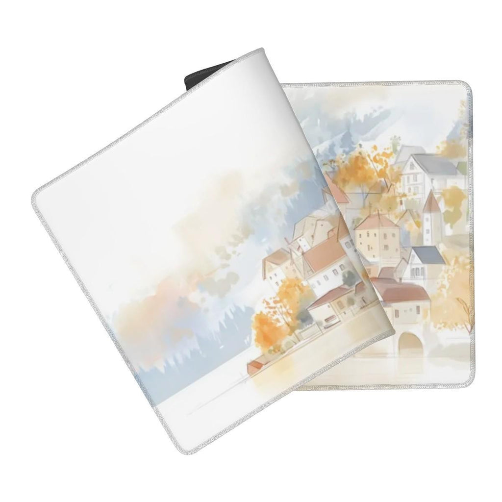 Hallstatt Lakeside Town Desk Mat | Watercolor Line Art | Artistic, Nostalgic European Landscape Mouse Pad