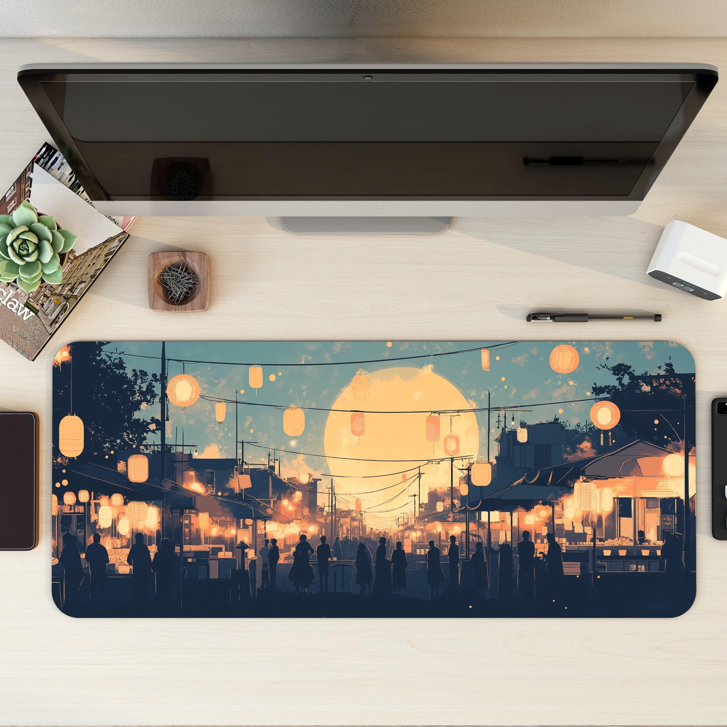 Japanese Festival Desk Mat | Full Moon & Lanterns | Cozy Blue and Gold Mouse Pad