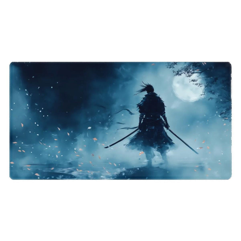Samurai Warrior Ink Art Desk Mat | Large Anime Japanese Mouse Pad - Cinematic Blue Moonlight |