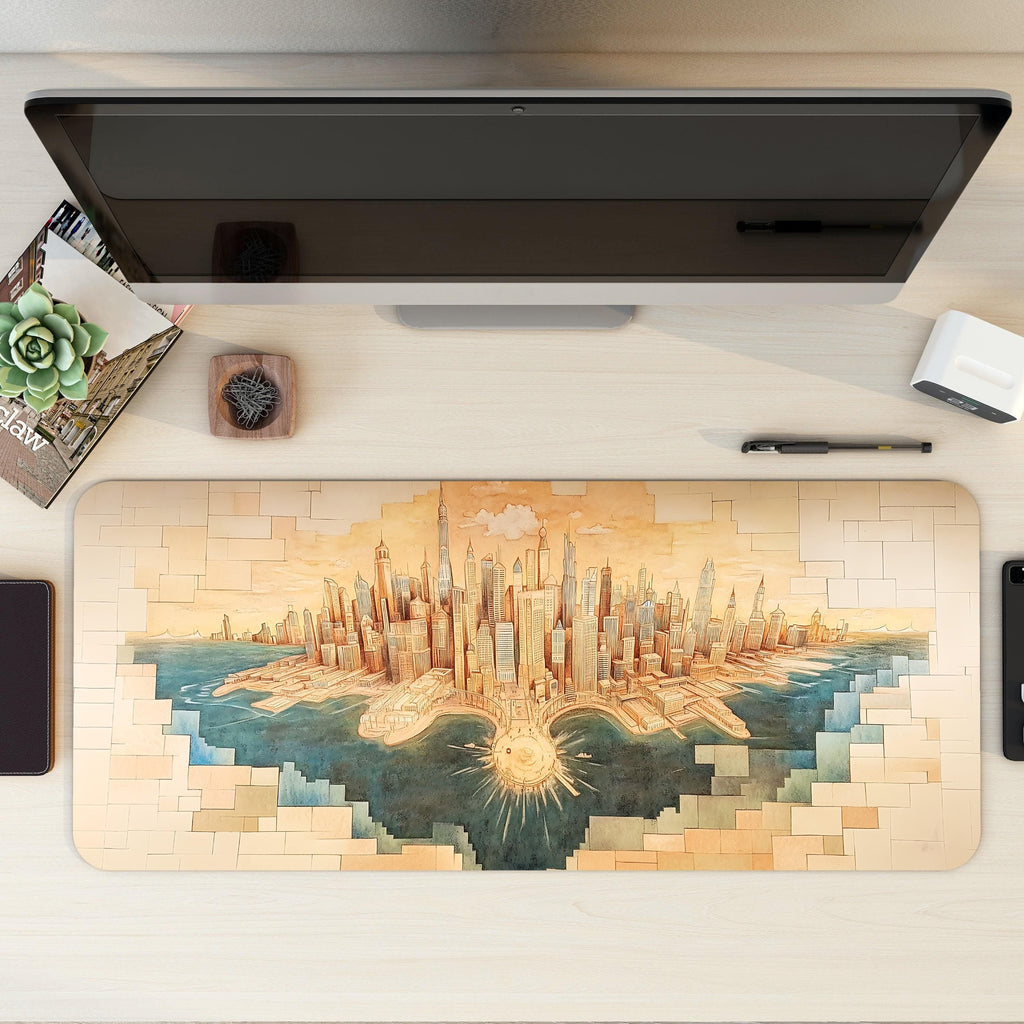 Retro Cityscape Skyline Desk Mat | Illustrative Urban Fantasy Mouse Pad
