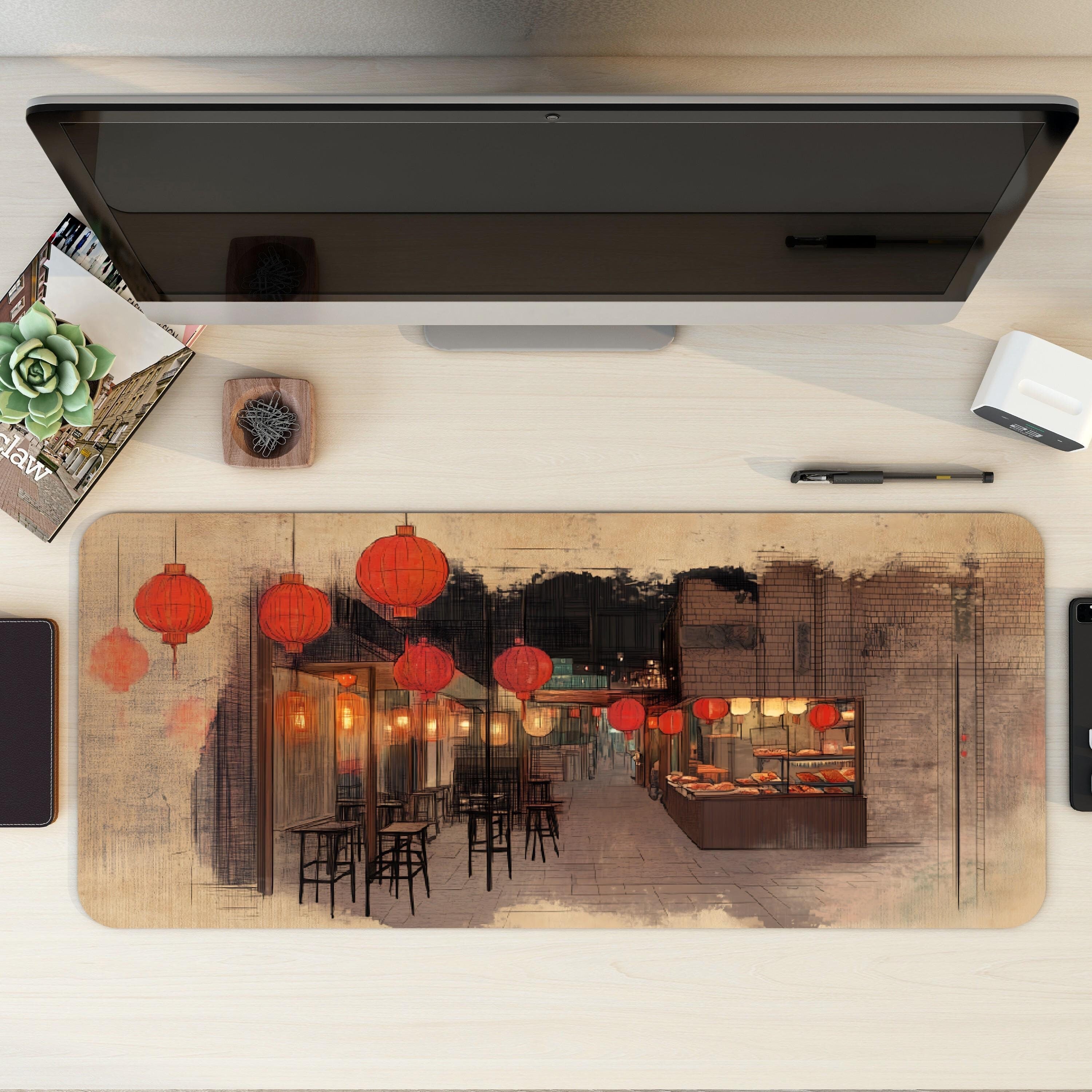 Traditional Asian Market Desk Mat | Line Art Sketchbook Mouse Pad | Cultural and Nostalgic Vibe, Vintage Watercolor palette
