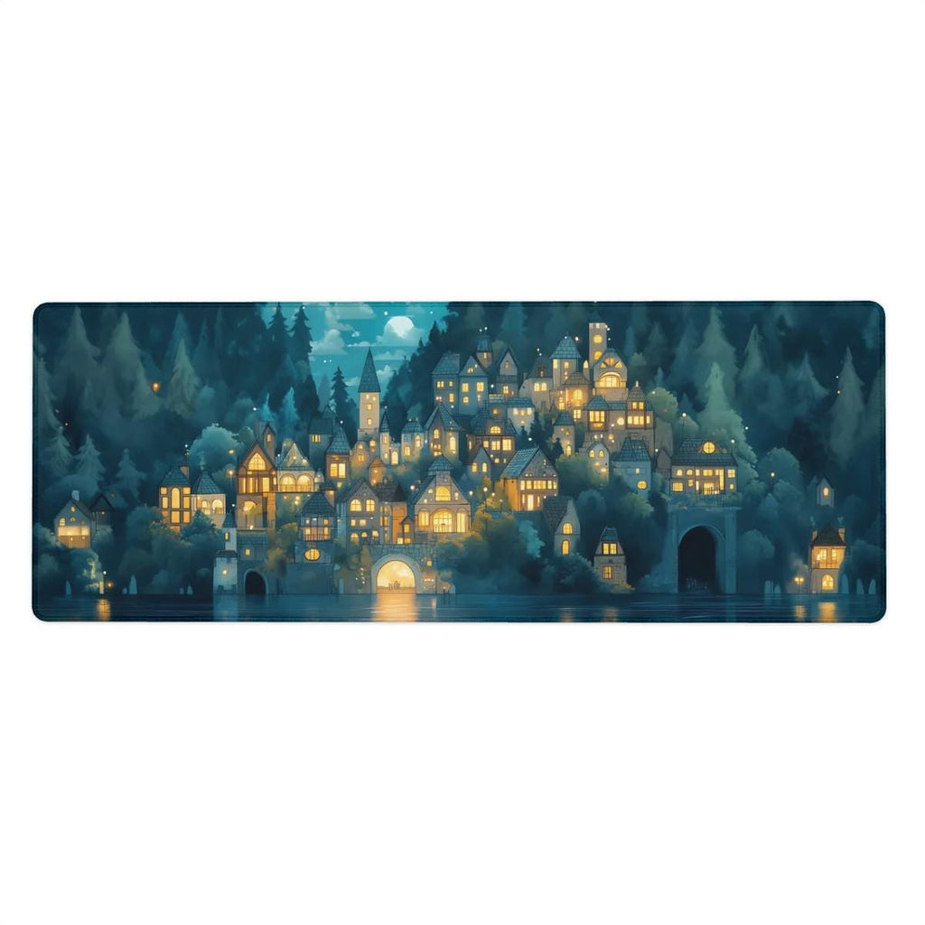 Enchanted Forest Village Desk Mat | Cozy Medieval Night | Blue Fantasy Moonlight Mouse Pad