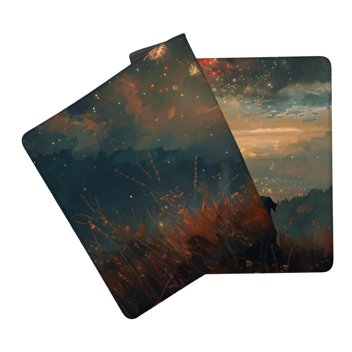 Scenic Sunset Desk Mat | Nostalgic Mountain | Cinematic Painting Desk Decor, Fireworks |
