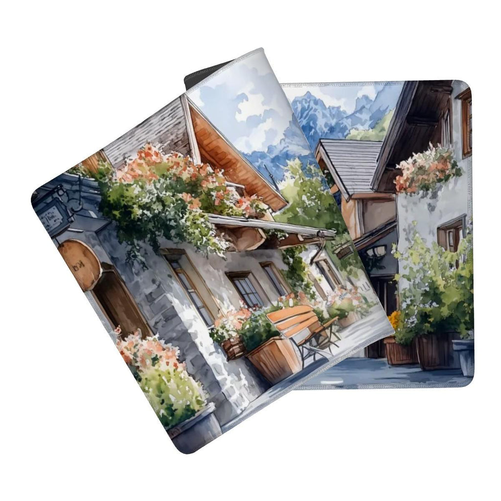 Aesthetic European Town Street Desk Mat | Watercolor Style Alpine Landscape Mouse Pad