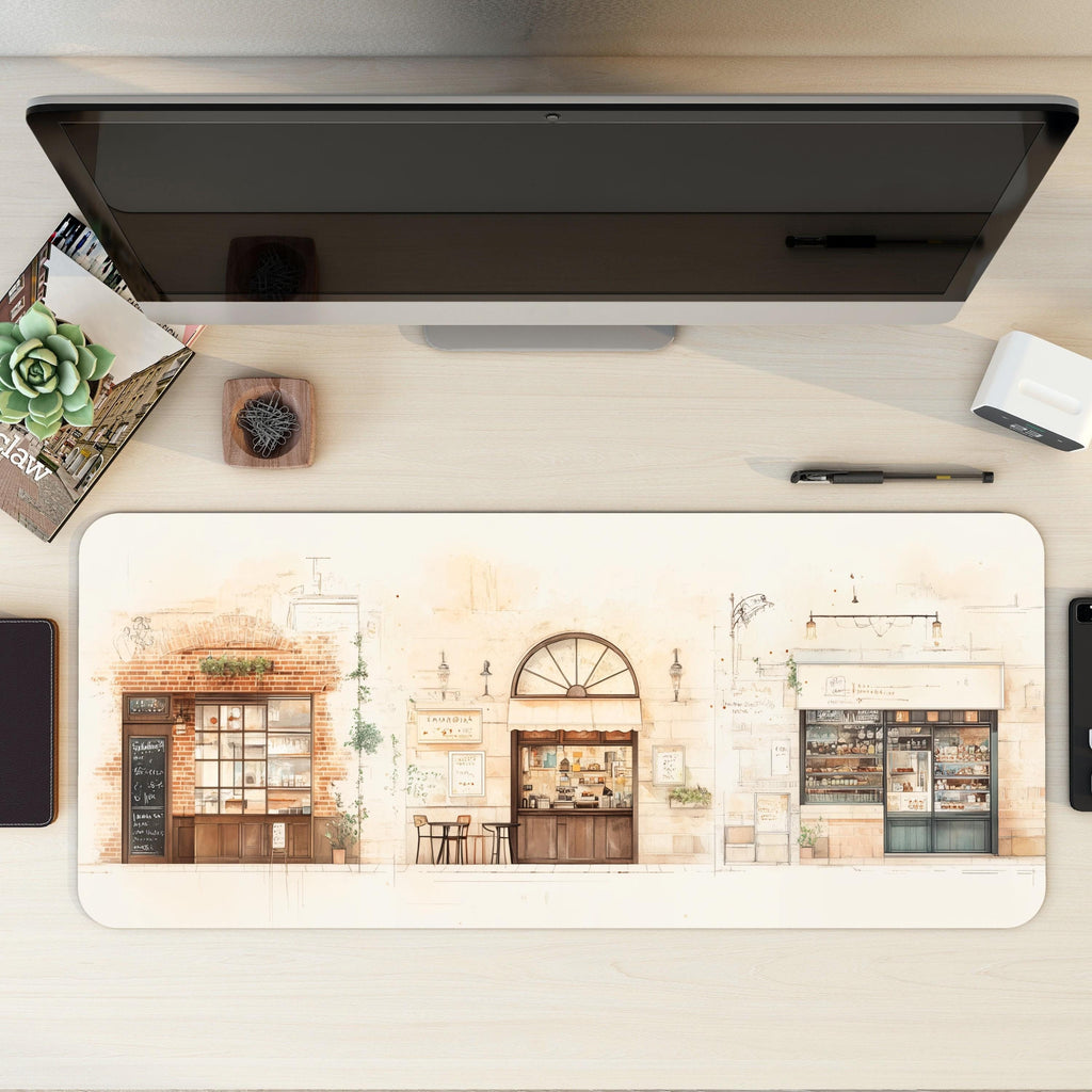 European Cafe Desk Mat | Artistic Sketchbook Style | Elegant Minimalist Art Mouse Pad