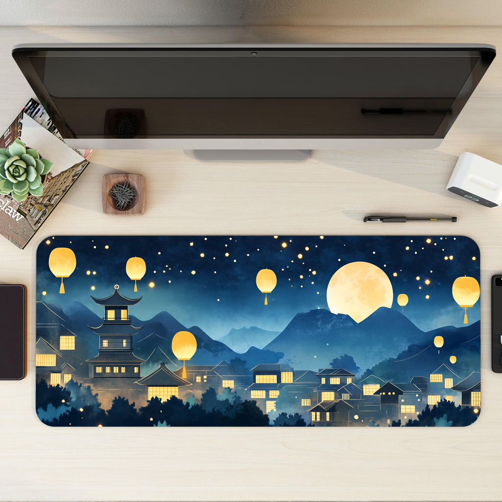Moonlight Lantern Village Desk Mat | Dreamy Starry Night | Aesthetic Japanese Mousepad