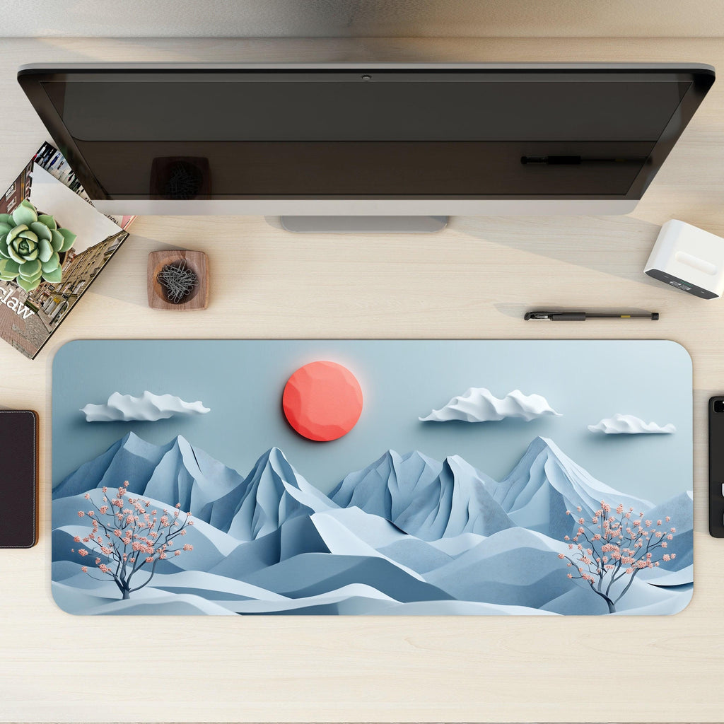 Japanese Nature Landscape Desk Mat | Aesthetic Cherry Blossom | Serene Blue Mountain Mouse Pad
