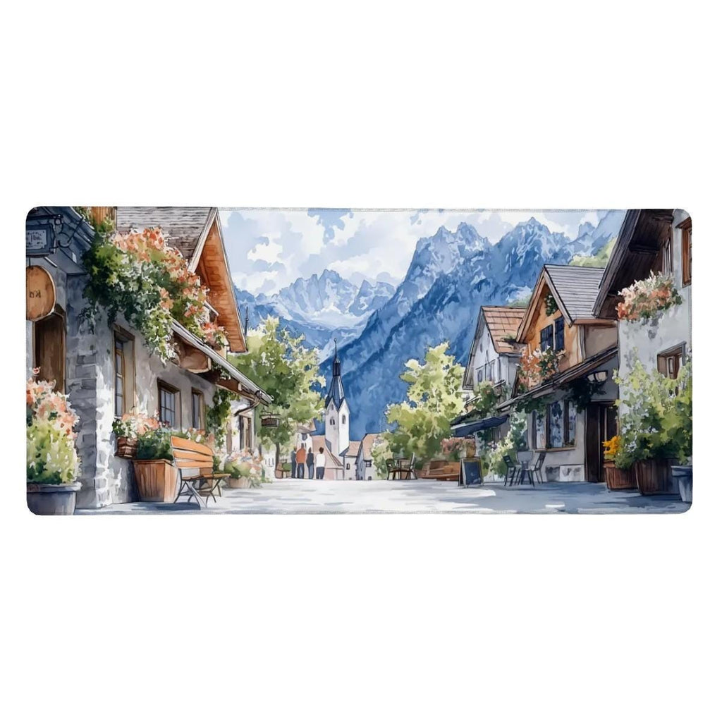 Aesthetic European Town Street Desk Mat | Watercolor Style Alpine Landscape Mouse Pad