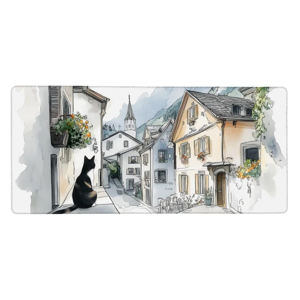Sketchbook Hallstatt Cat Desk Mat | European Street Mouse Pad | Ink & Watercolor Art for Cat Lovers |
