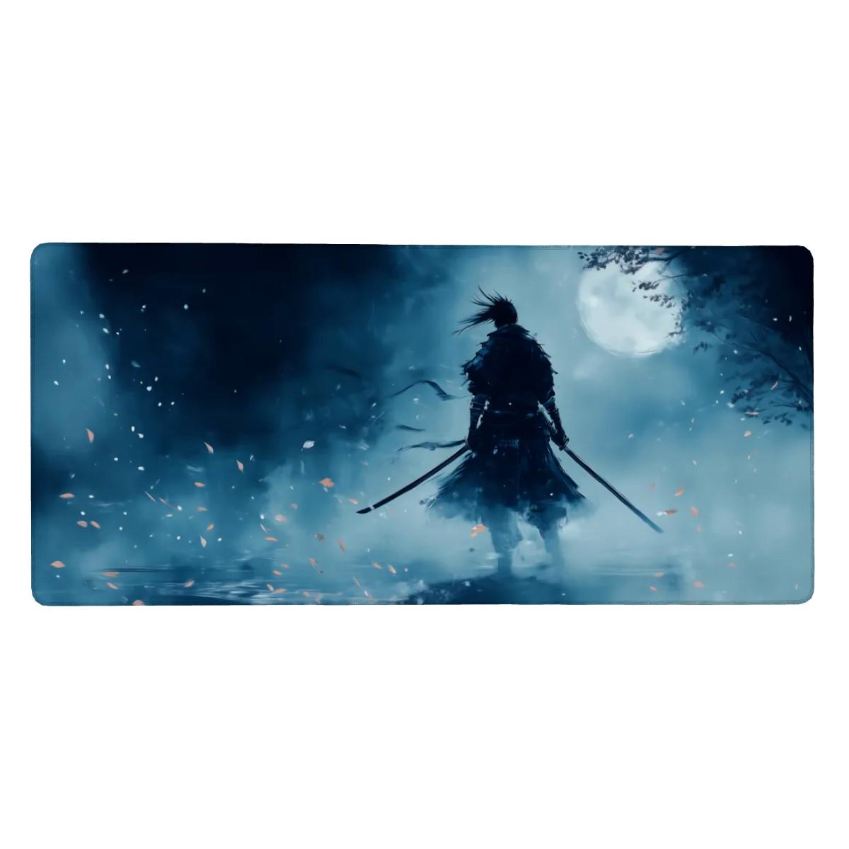 Samurai Warrior Ink Art Desk Mat | Large Anime Japanese Mouse Pad - Cinematic Blue Moonlight |