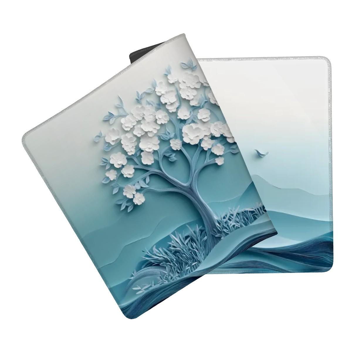 Serene White Cherry Blossom, Dove Desk Mat | Embossed Paper Art Mouse Pad