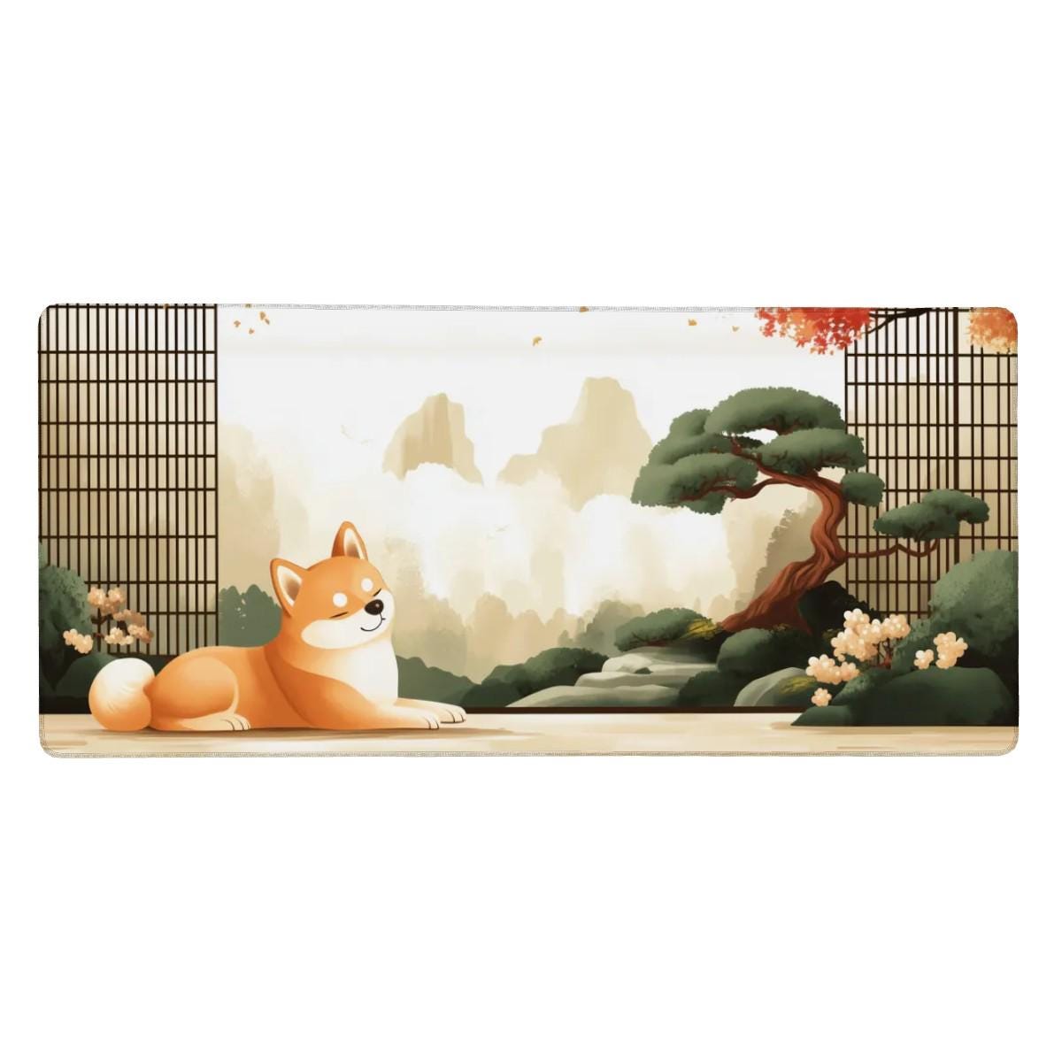 Japanese Shiba Inu Desk Mat | Large Mouse Pad for Dog Lovers | Aesthetic Gaming Mousepad, Bonsai Zen, Cherry Blossoms