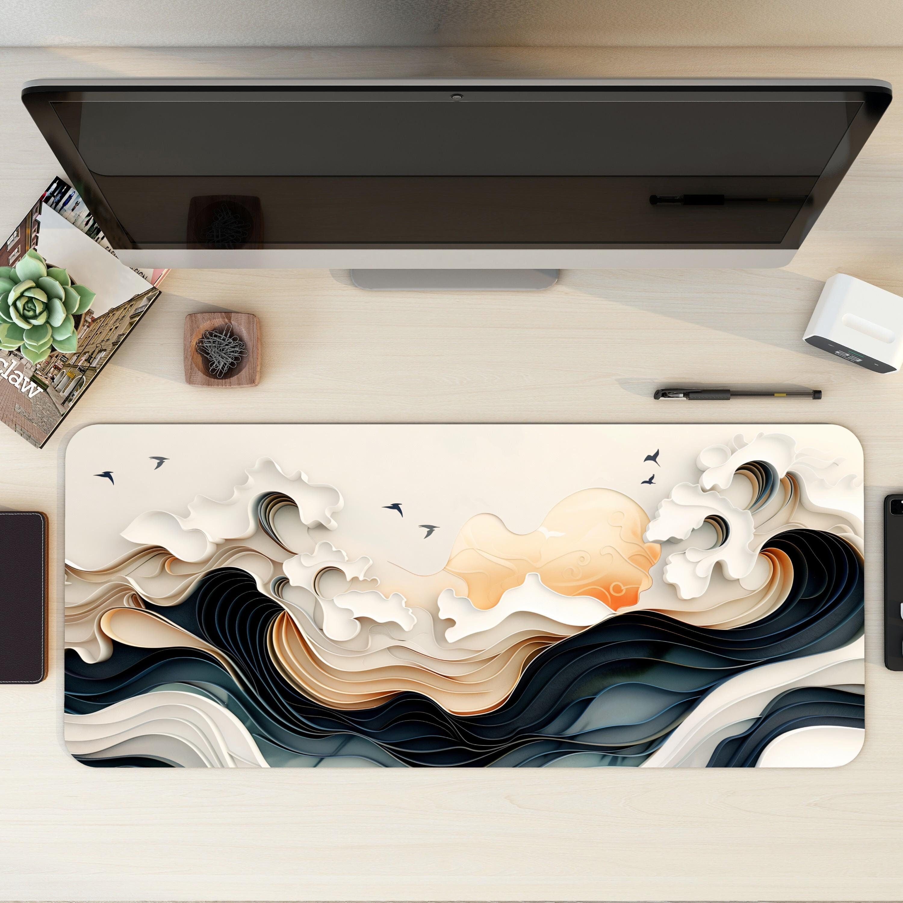 Ukiyo-e Style Desk Mat | Abstract Wave Mouse Pad, Inspired by Hokusai's The Great Wave