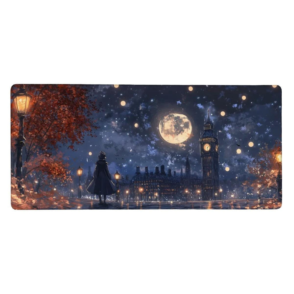 Fantasy Night London Desk Mat | Moonlight Clock Tower | Purple Artistic Cityscape Mouse Pad