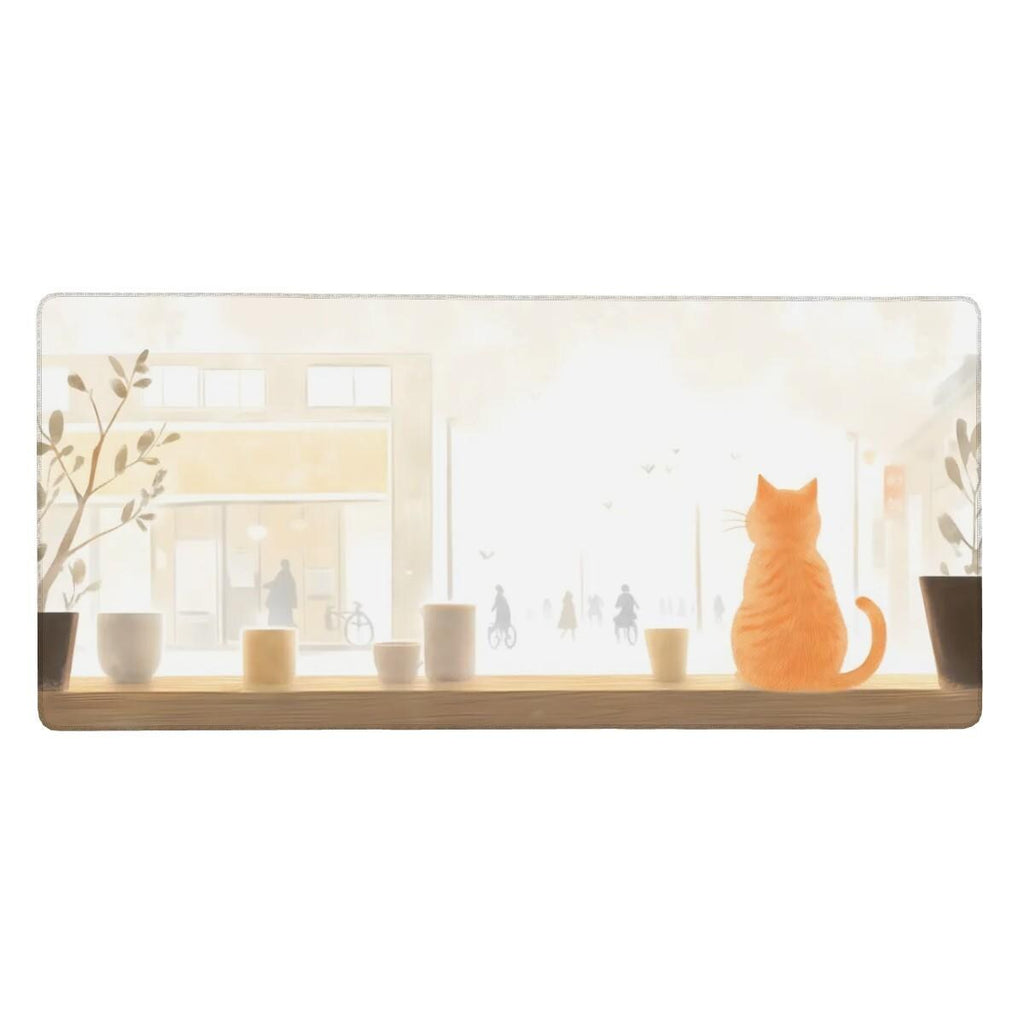 Minimalist Ginger Cat Desk Mat | Japanese Lofi Cafe Mouse Pad