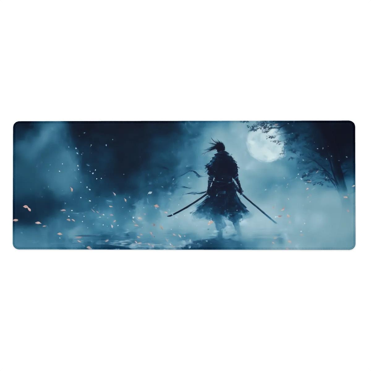 Samurai Warrior Ink Art Desk Mat | Large Anime Japanese Mouse Pad - Cinematic Blue Moonlight |