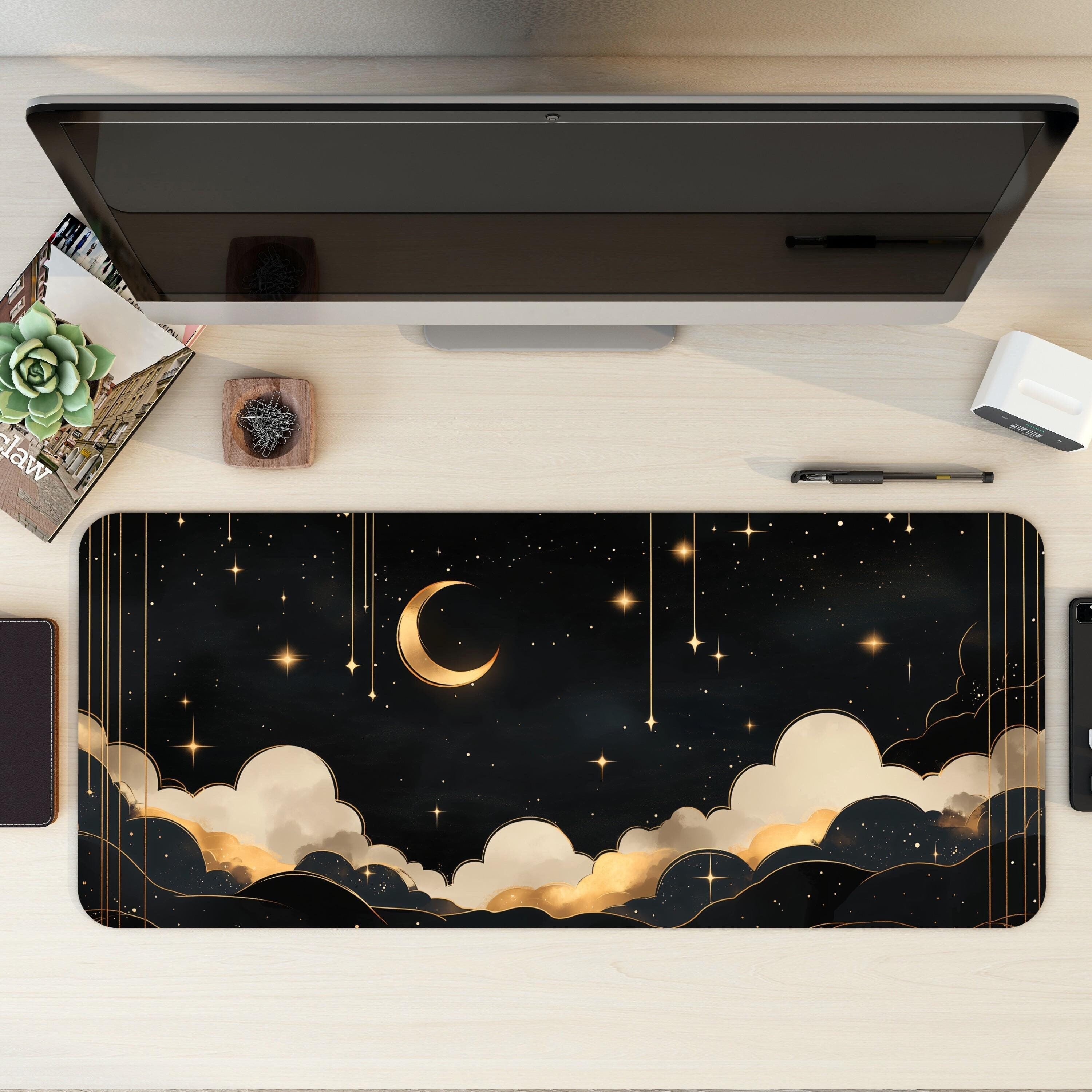 Dreamy Starry Night Desk Mat | Mystical Celestial Decor | Aesthetic Black and Gold Mouse Pad