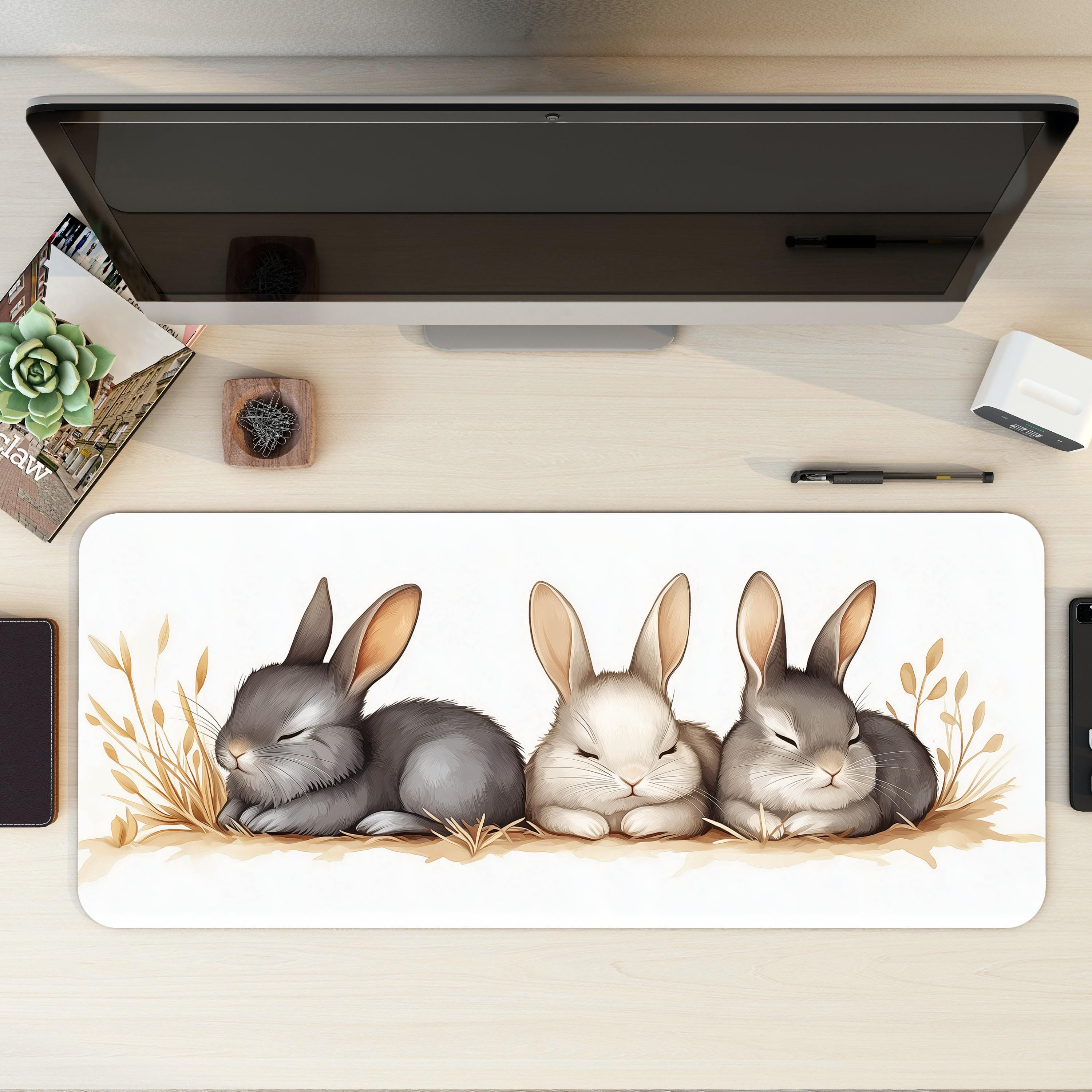 Sleeping Bunny Desk Mat | Mouse Pad with Storybook style Illustration, Pastel Aesthetic for Kawaii Desk Setup, Cozy Cottage Core