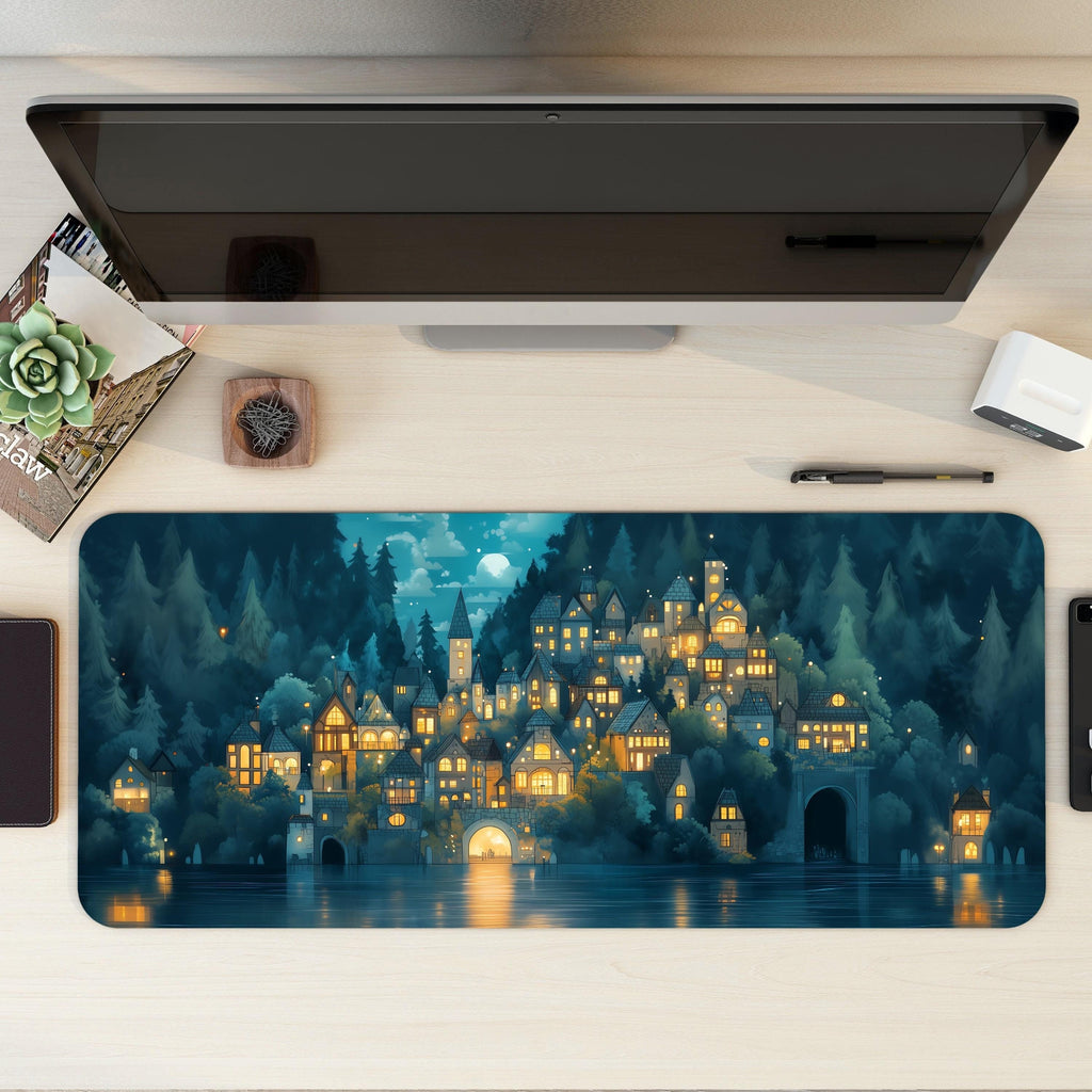Enchanted Forest Village Desk Mat | Cozy Medieval Night | Blue Fantasy Moonlight Mouse Pad