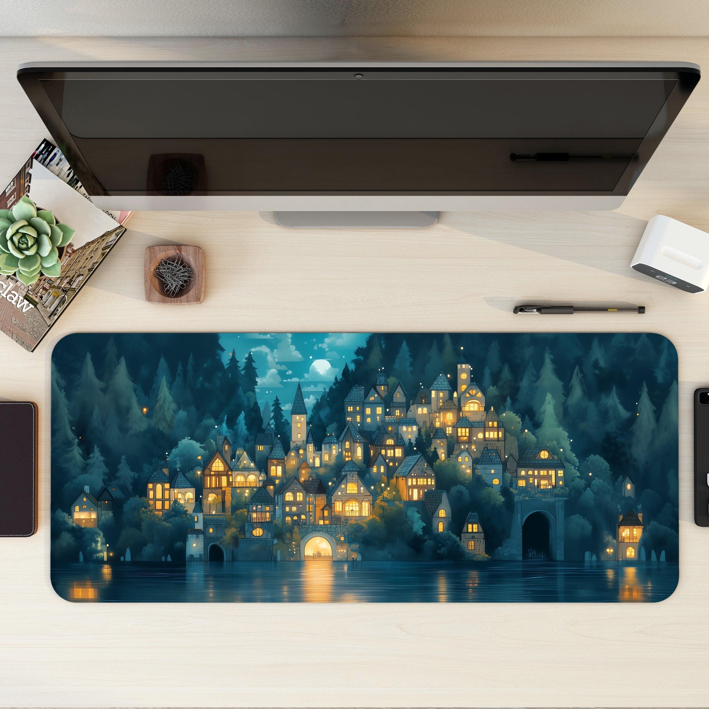 Enchanted Forest Village Desk Mat | Cozy Medieval Night | Blue Fantasy Moonlight Mouse Pad