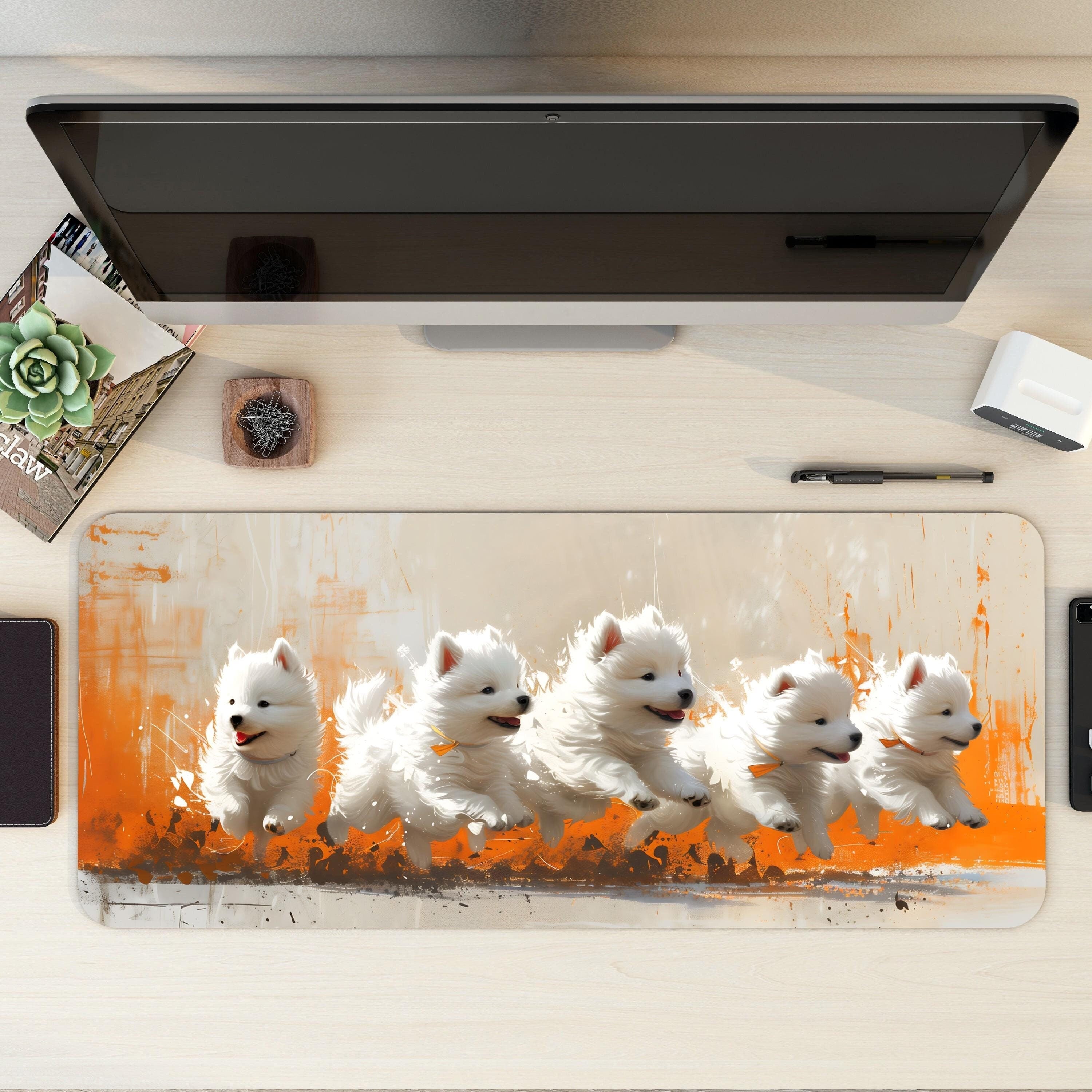 Puppies Painting Desk Mat | Samoyed Dogs - Colorful Orange Paintbrush Strokes, Creative Cute Mouse Pad